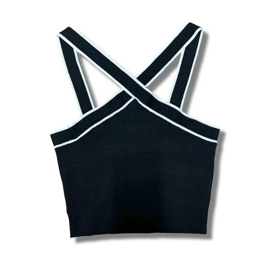 Tank Top Womens Size S Black Cropped Knit White Trim Crisscross Back